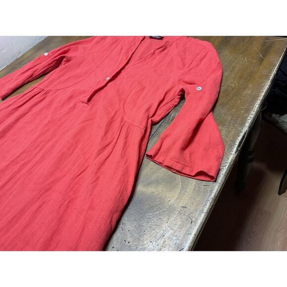 Francesca Bettini Dress Small Red Linen Blend Italy 3/4 Roll Tab Sleeve Boho - Picture 6 of 14